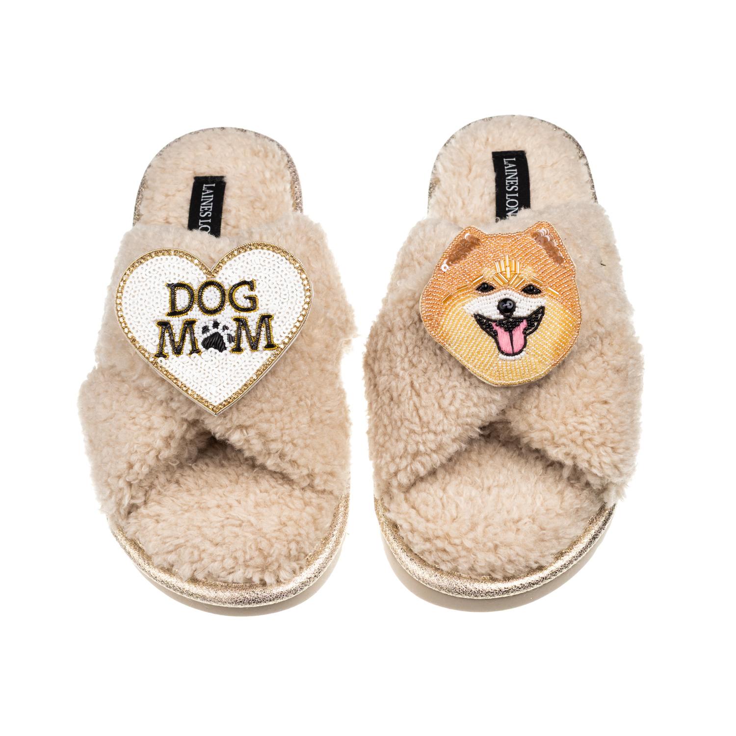 Laines London Women's Brown / Neutrals Laines Neutral Boucle Slippers With Teddy The Pomeranian & Dog Mum/mom Broo