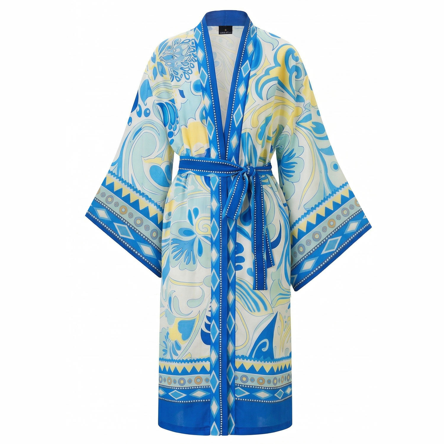 Women's Blue / Green Trya Modern Geometrical Print Belted Long Sleeve Kimono | One Size | Loveist Mağazasi