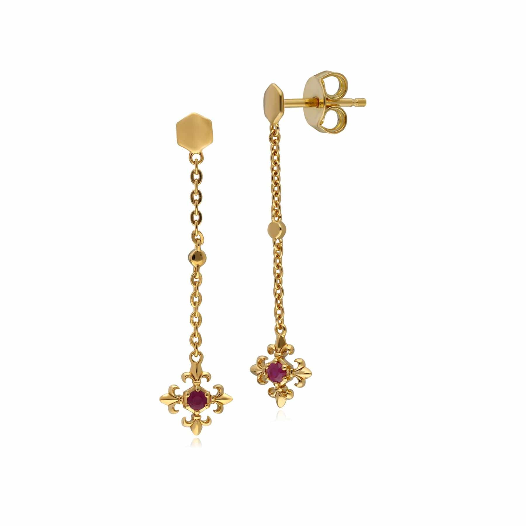 Women’s Red Ruby Fleur De Lis Dangle Drop Earrings In Yellow Gold Gemondo