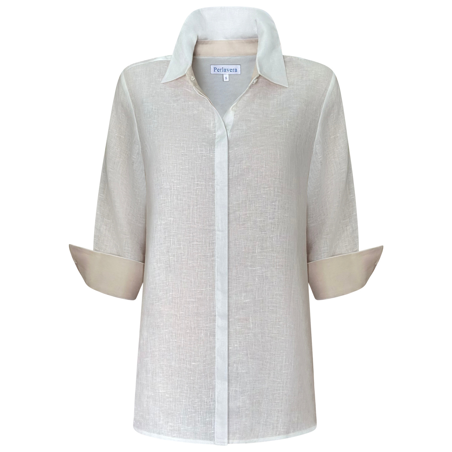Perlavera Women's Lily White Linen Three Quarter Sleeve Length Missy Fit Shirt In Gray