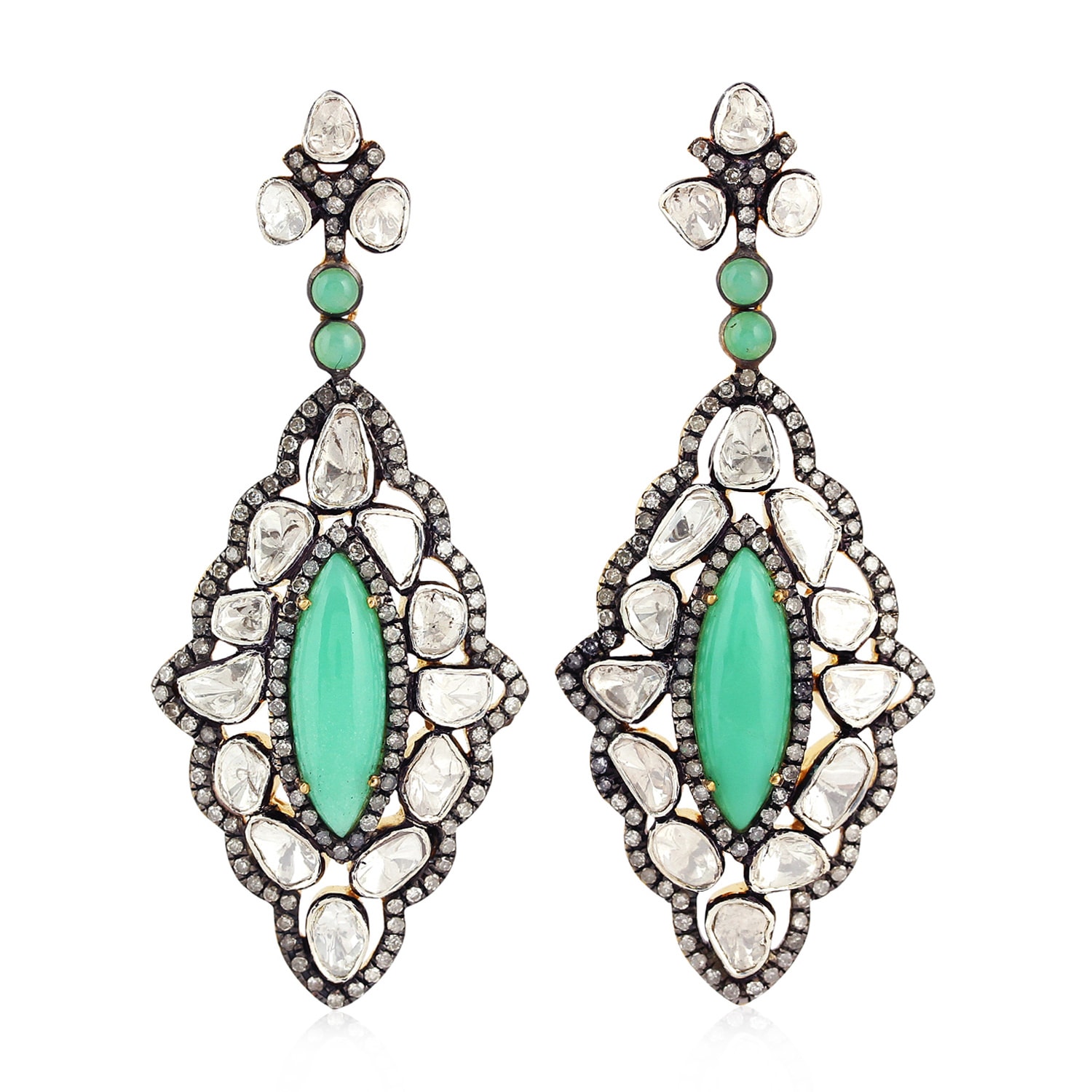 Women’s Grey / White 925 Sterling Silver Uncut Diamond Chrysoprase Dangle Earrings 18K Gold Artisan