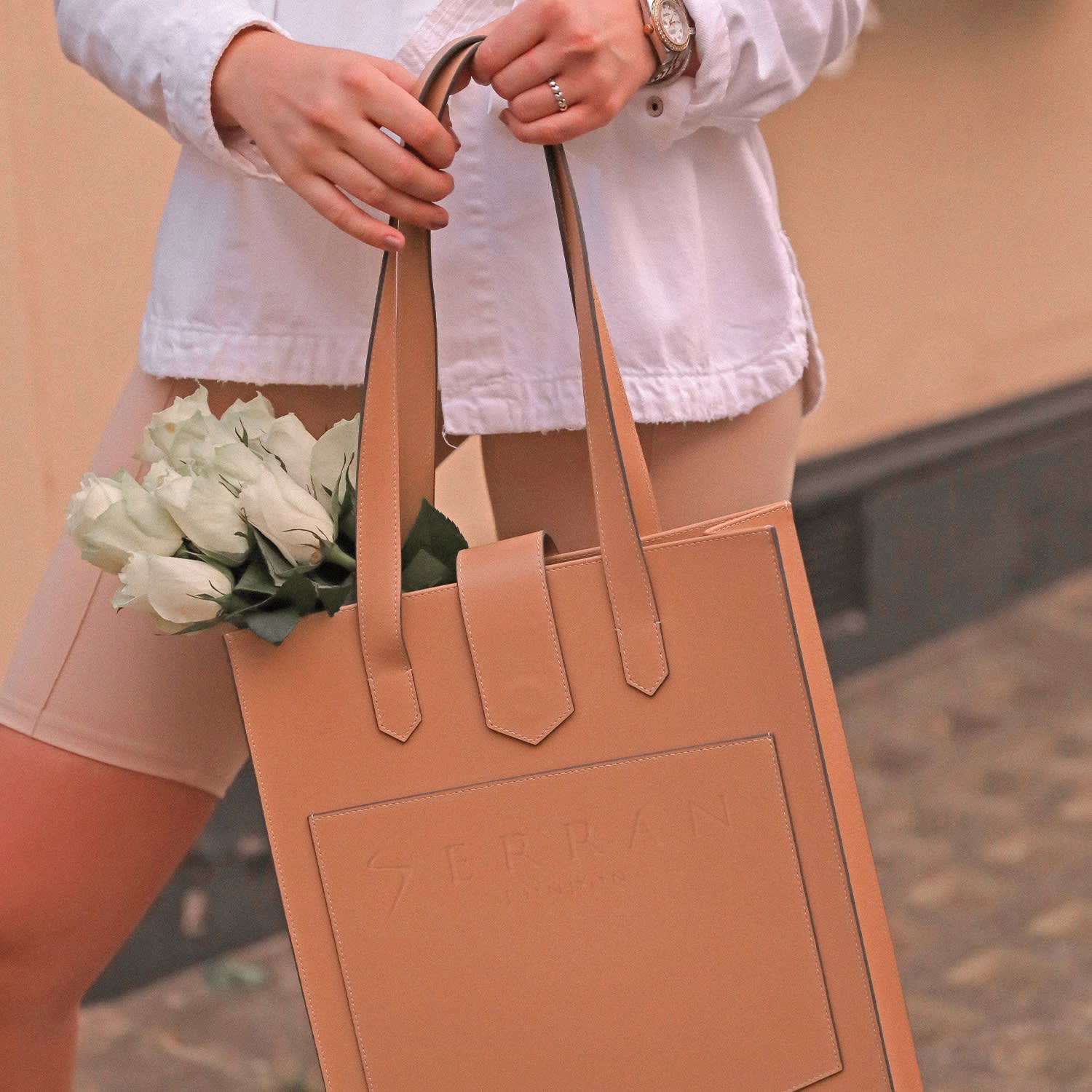 Loren Midi Leather Tote Bag - Cream