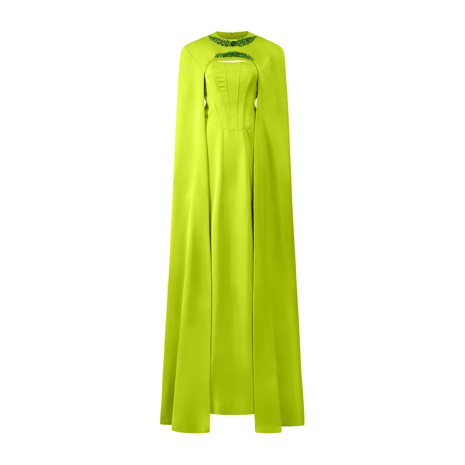 Women’s Green Acid Lime Silk Bustier Dress With Elongated Vault Cut Cape Medium I. h.f Atelier