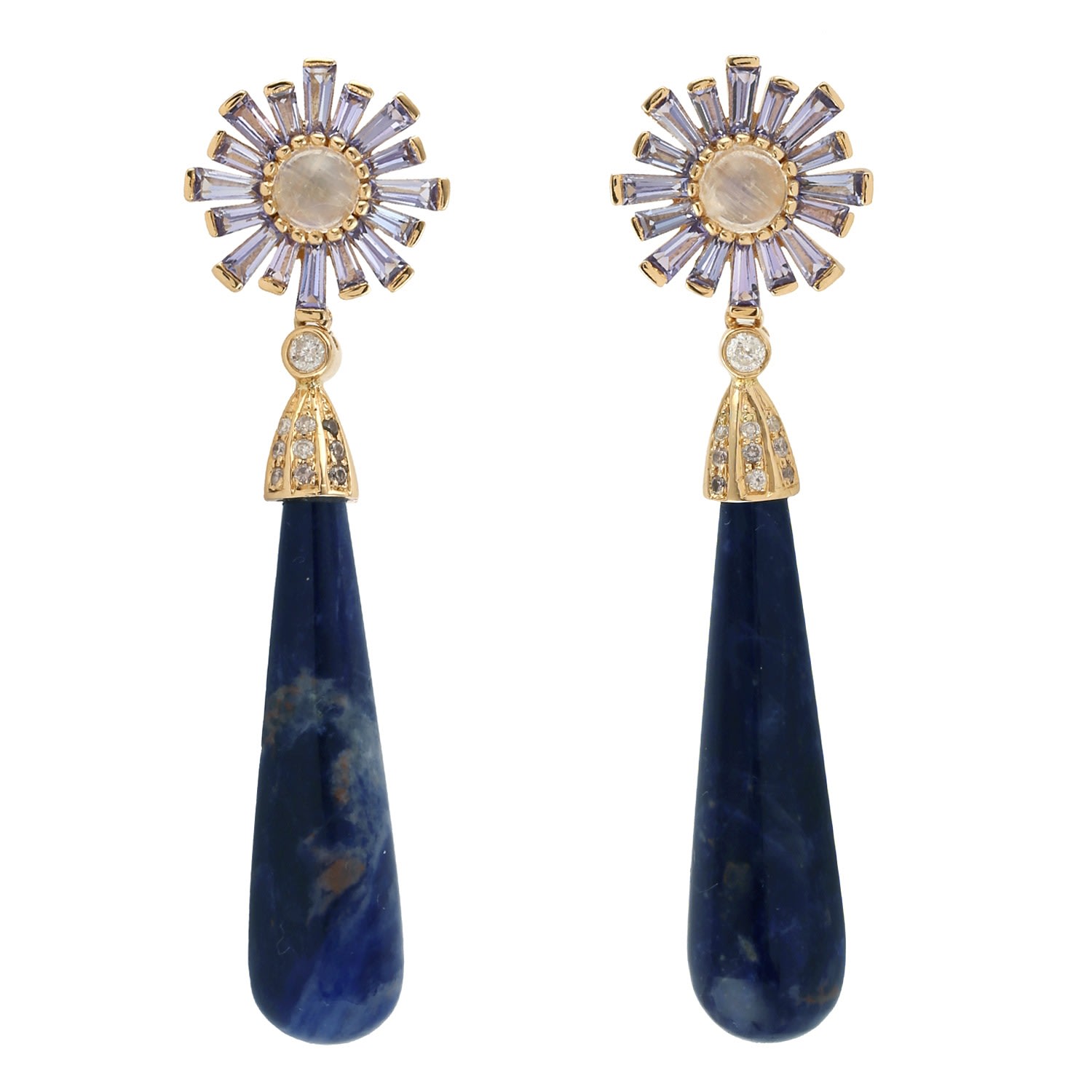 Women’s Blue / White 18K Yellow Gold Sodalite Tanzanite Moonstone Tear Drop Dangle Earrings Gemstone Jewelry Artisan