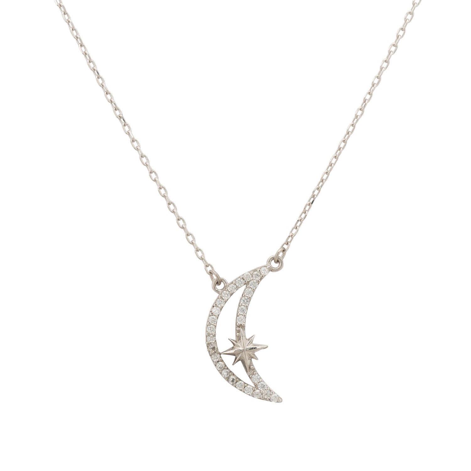 Women’s White / Silver Sparkling Crescent Moon And Star Necklace Silver Latelita