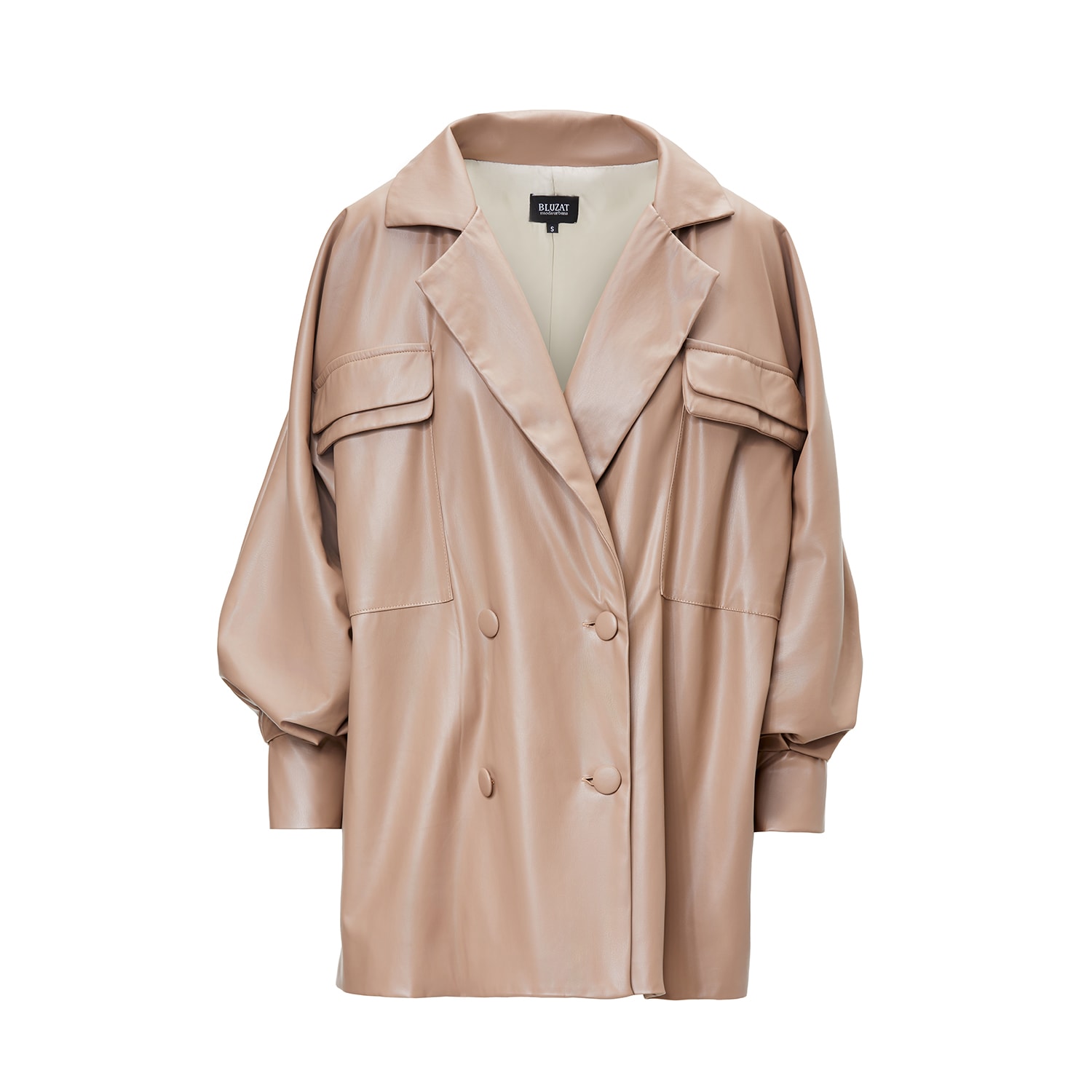 Bluzat Women's Neutrals Beige Leather Oversized Blazer With Flap Pockets In Beige/black