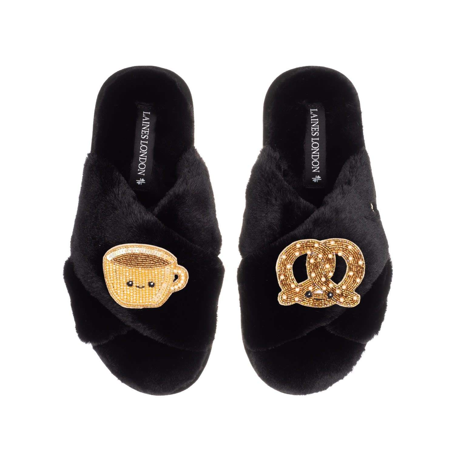 Laines London Women's Classic Slippers With Laines Loveables Hot Chocolate & Pretzel Brooches - Black In Black