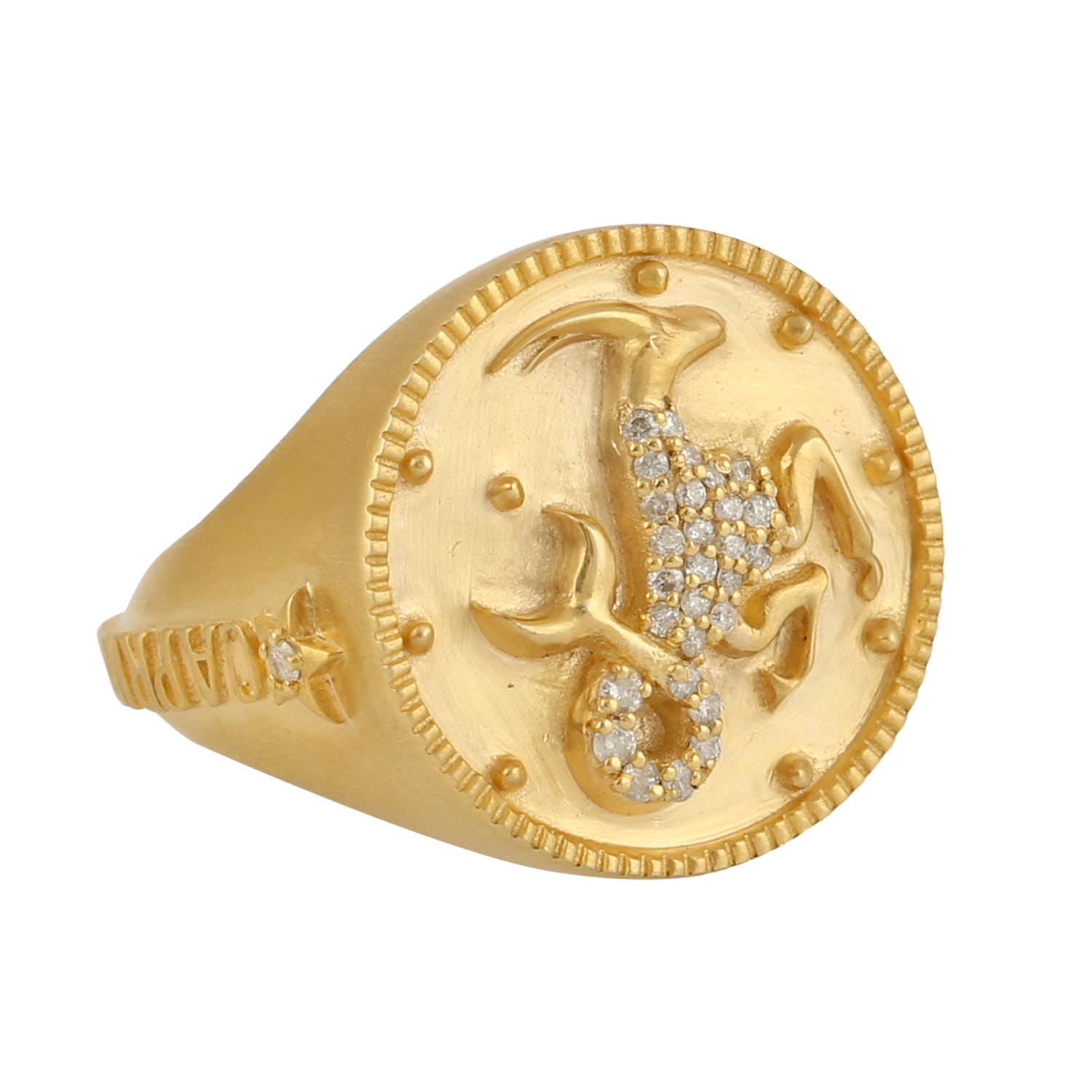 Women’s Gold / White 14K Solid Yellow Gold Capricorn Sign Zodiac Astrology Pave Natural Diamond Ring Artisan