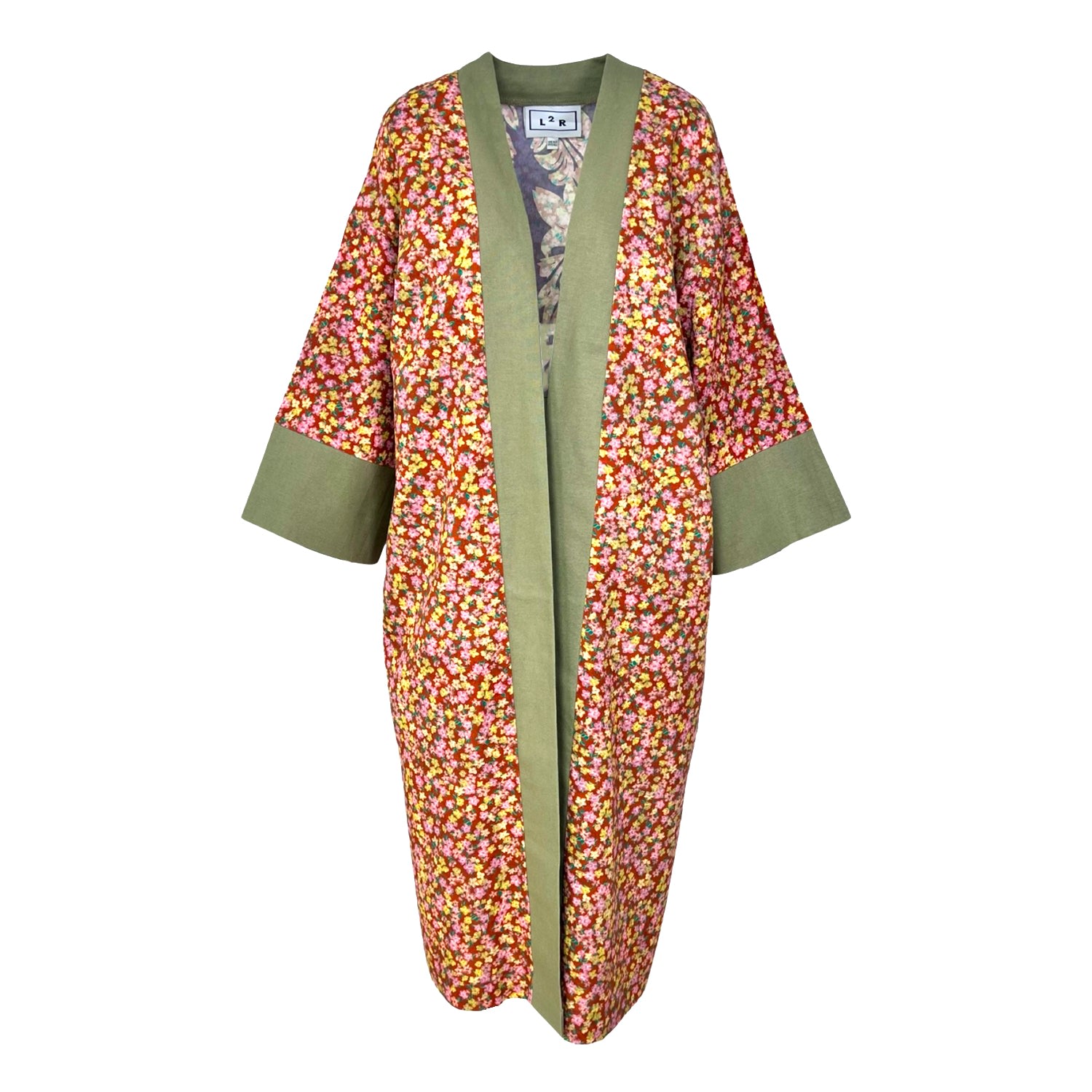L2r The Label Women's Green / Brown Reversible Kaftan Kimono - Floral Brown & Green Print