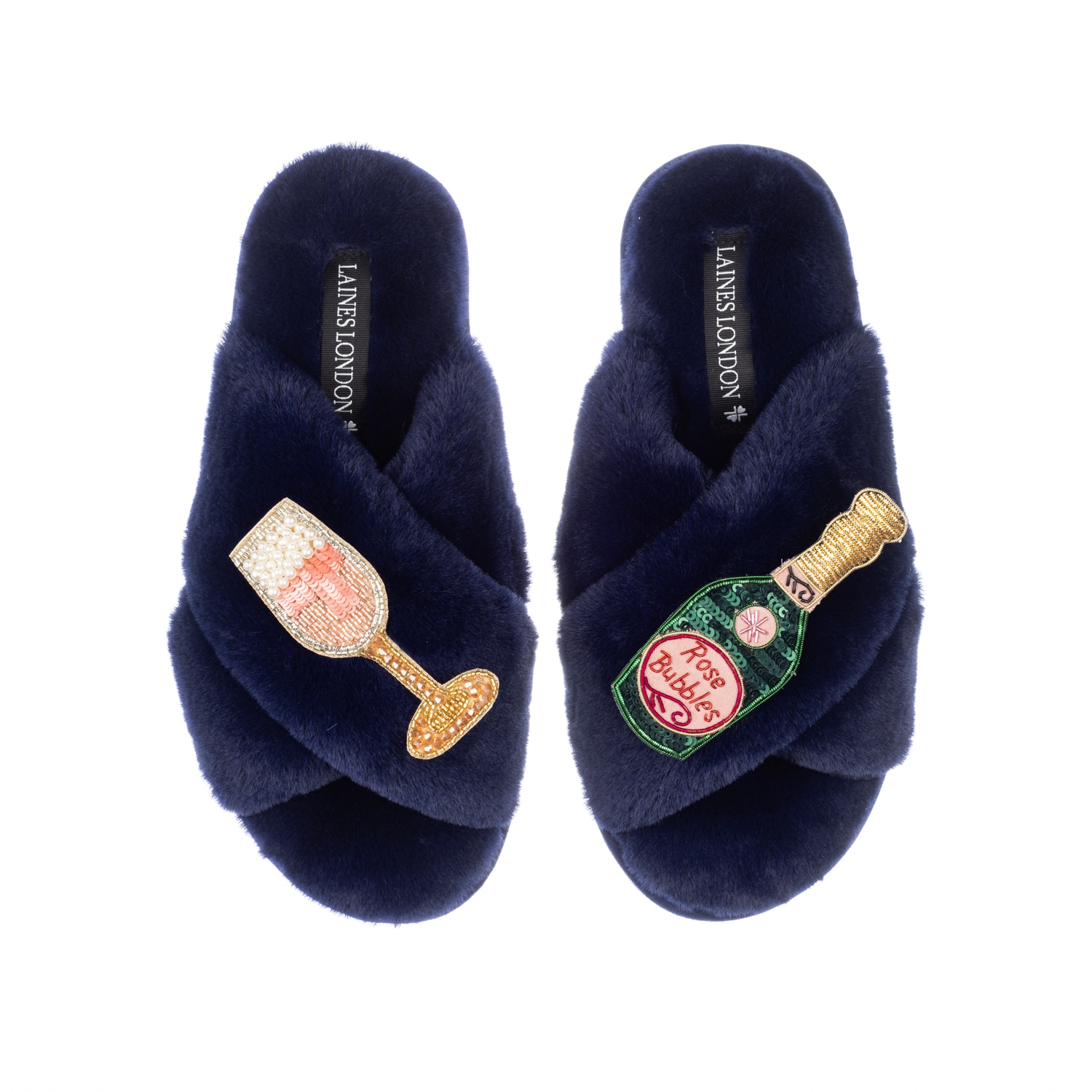 Women's Blue Classic Laines Slippers With Pink Champagne & Glass Brooches - Navy | Extra Large | Laines London