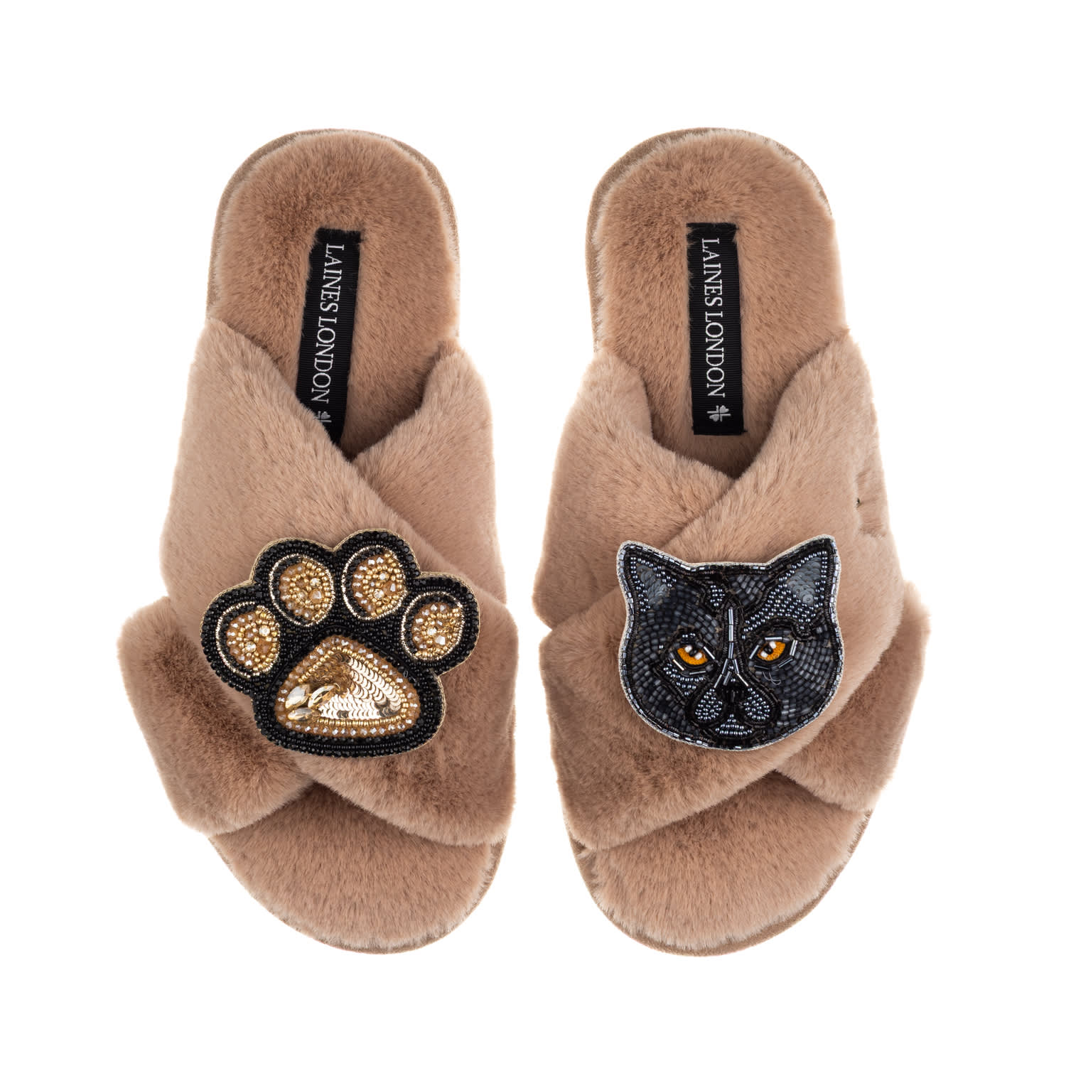 Laines London Women's Brown / Neutrals Classic Laines Slippers With Paw & Black Scottish Fold Cat Brooches - Toffe In Brown