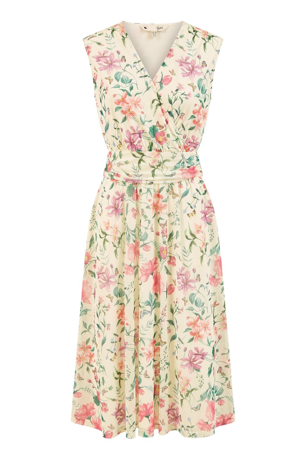 Yumi Women's Neutrals  Ivory Floral Print Mesh Stretch Midi Dress With Pockets