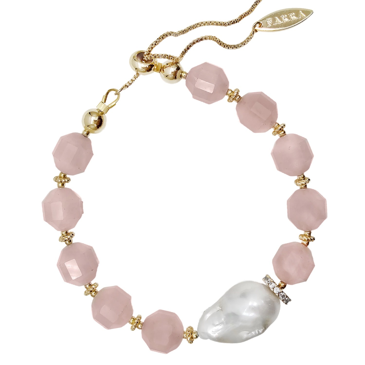 Farra Women's Pink Faceted Rose Quartz With Baroque Pearl Adjustable Bracelet In Pink