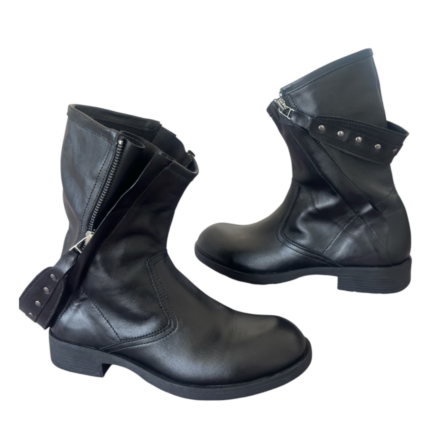 Adrenaline Fashion Women's Black Leather Boots With Zipper And Metal Stud Strap – Handmade Designer Combat Style Boots In Black