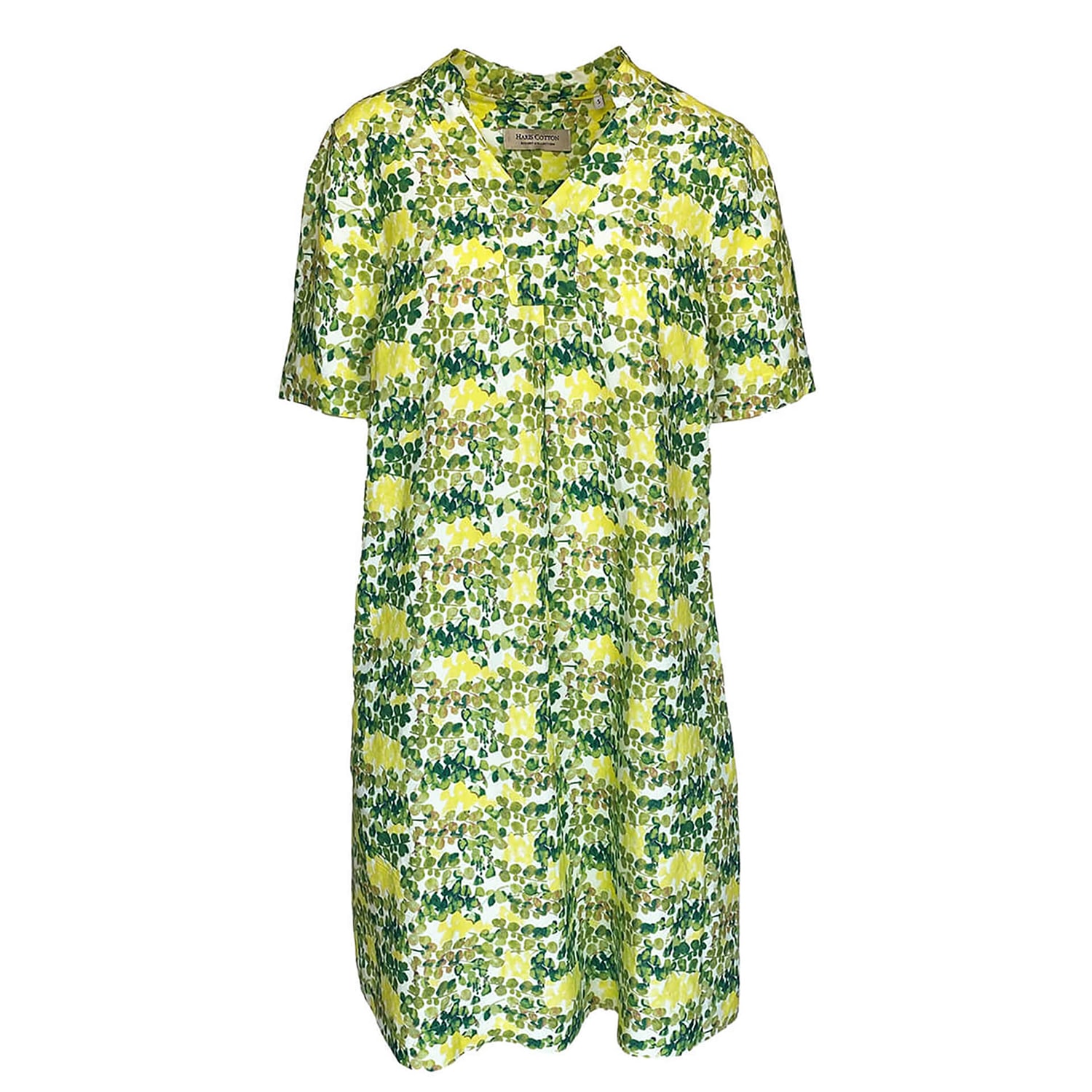 Women’s Knee Length Printed Linen Blend Dress With Notched Neckline - Petals Green Medium Haris Cotton