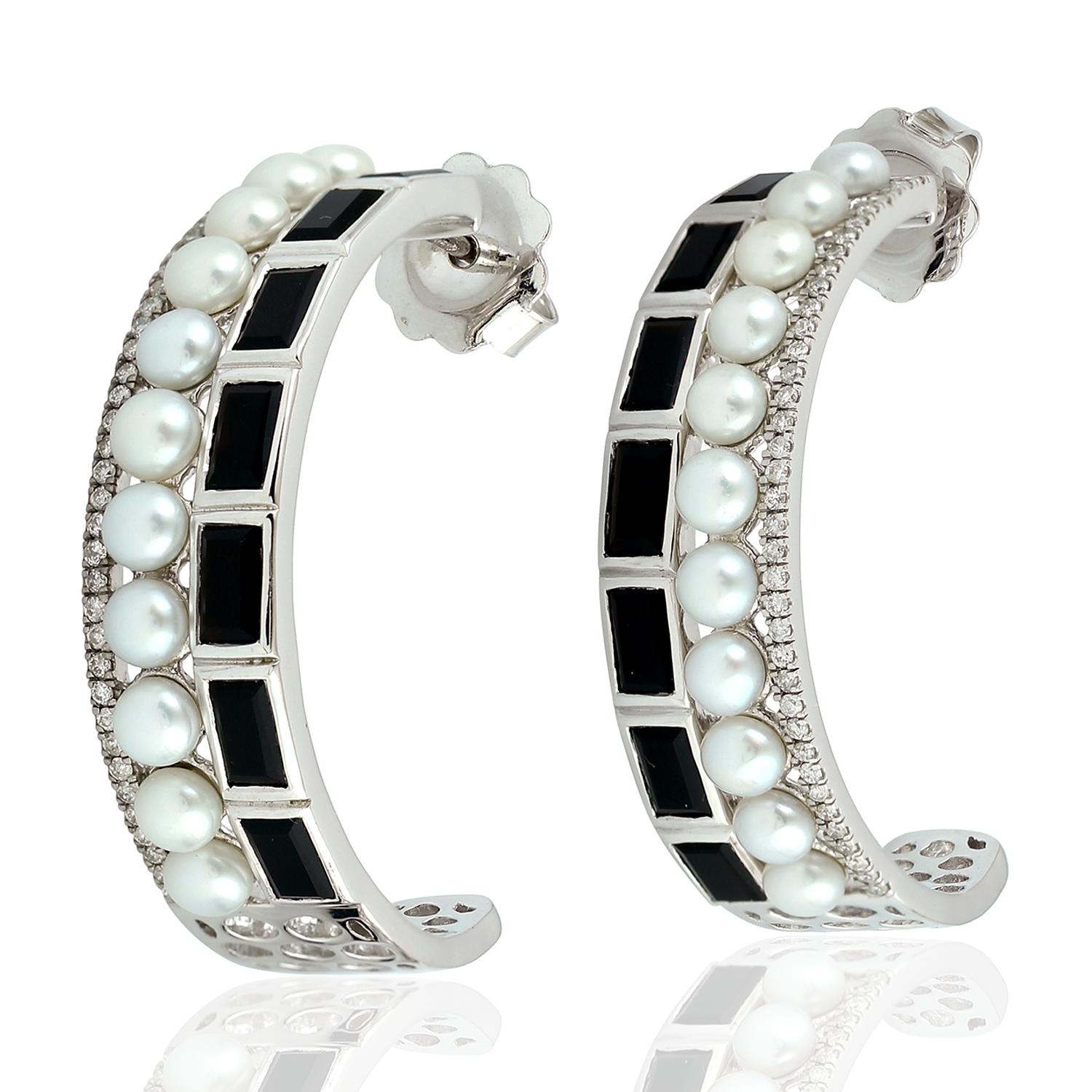Artisan Women's White / Black Natural Pearl & Onyx Pave Diamond Hoop Earrings In 18k White Gold In Multi