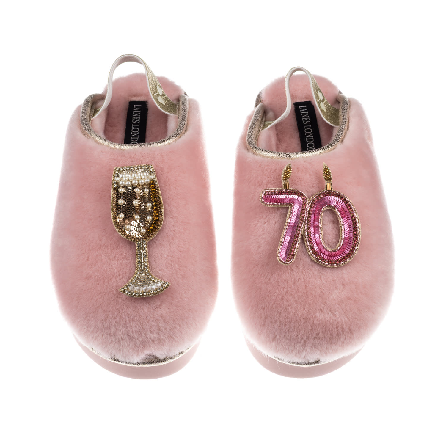 Laines London Women's Gold / Pink Flatform Cloud Slippers With 70th Birthday & Champagne Glass Brooches - Dusky Pi In Pink