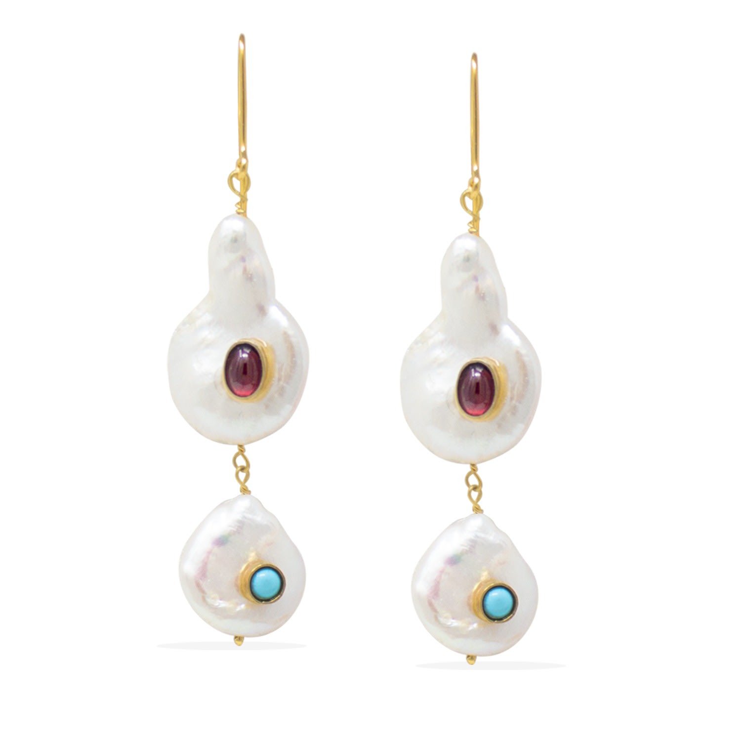 Women’s White / Red / Blue Aphrodite Gold Vermeil Pearl, Rhodolite & Turquoise Earrings Vintouch Italy