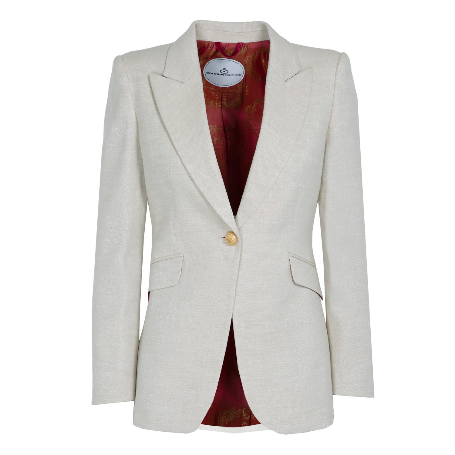 The Extreme Collection Women's White Single Breasted Linen Ecru Blazer With Pockets Paisley In White