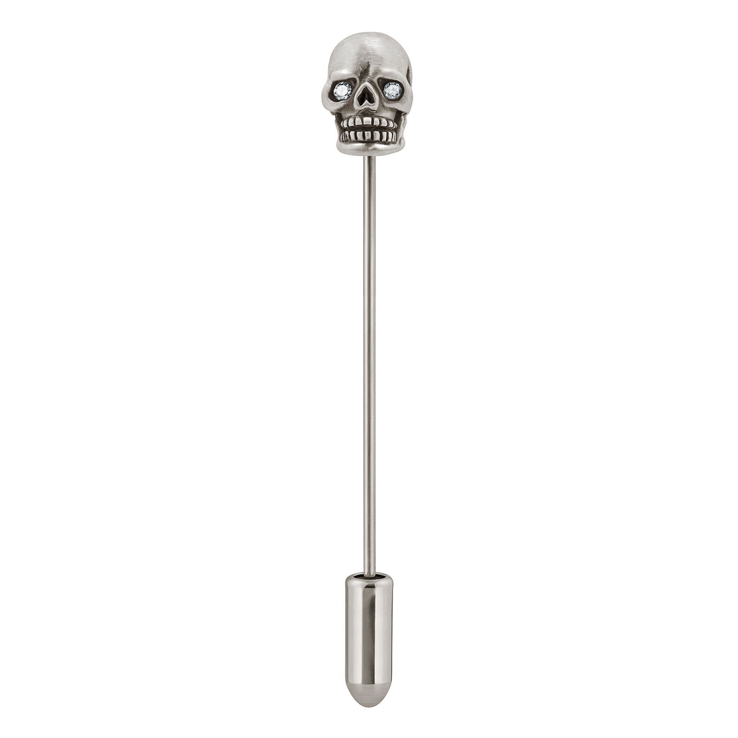 Men’s Skull Lapel Pin In Oxidized Silver With Diamond Eyes Snake Bones