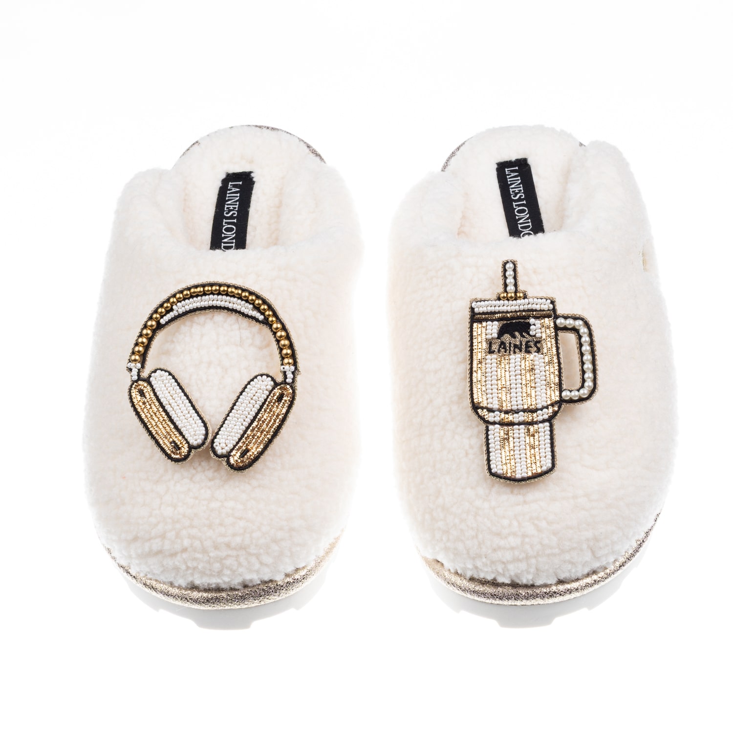 Laines London Women's White / Neutrals Teddy Closed Toe Slippers With Headphones & Quencher Brooches - Cream In White