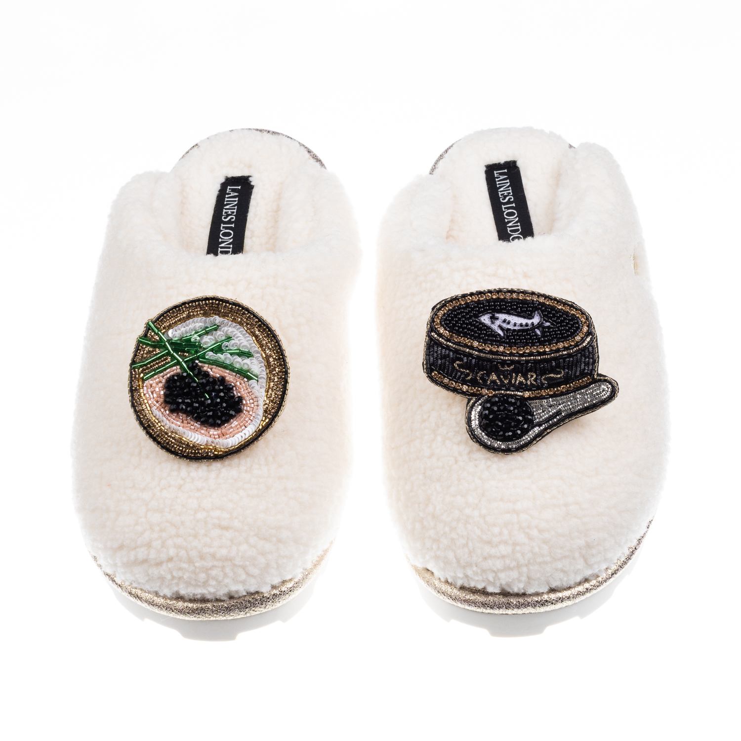 Laines London Women's Neutrals / White Teddy Closed Toe Slippers With Caviar & Blini Brooches - Cream In White