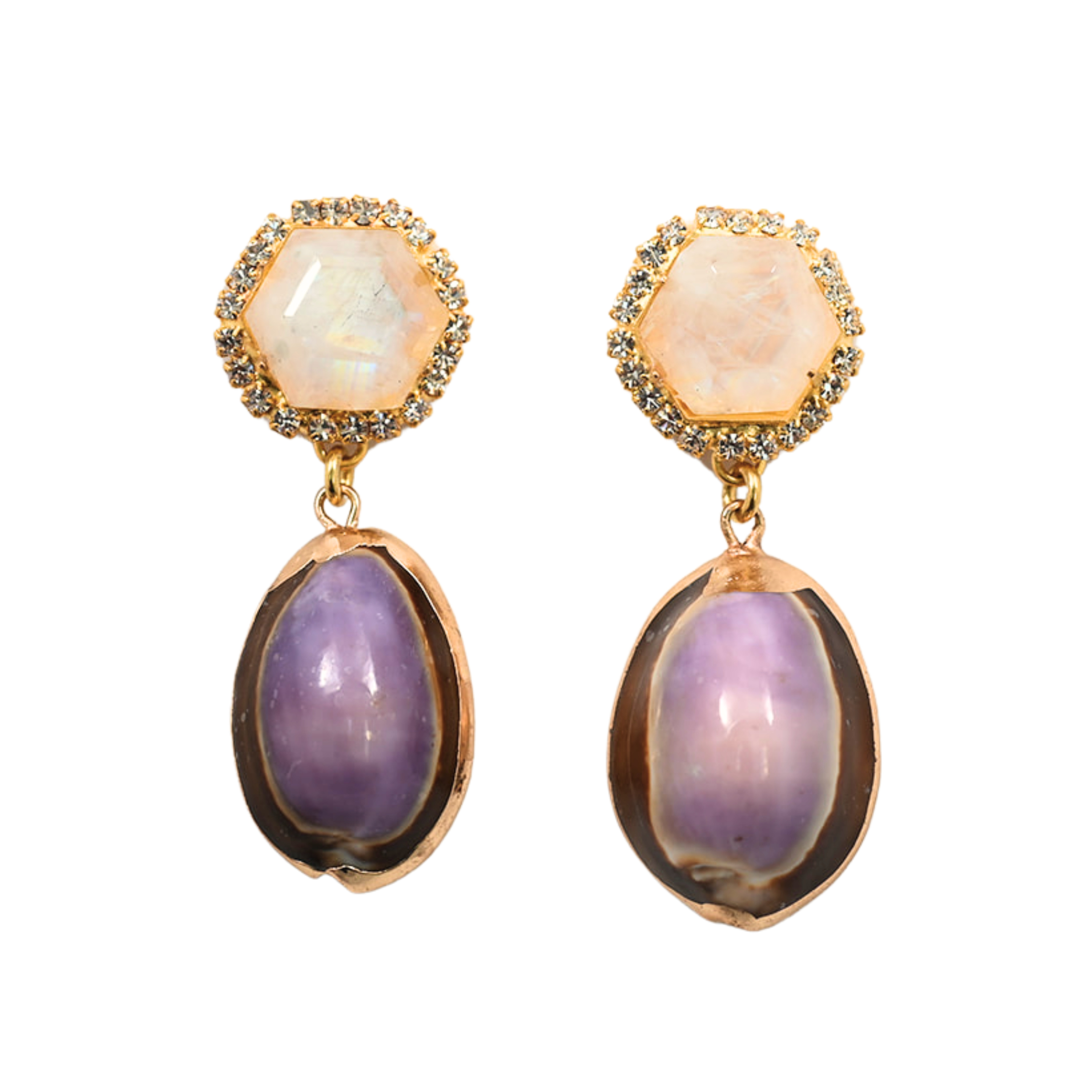 Women’s Neutrals / Pink / Purple The Pink Reef Genuine Rainbow Moonstone Purple Shell Dangles