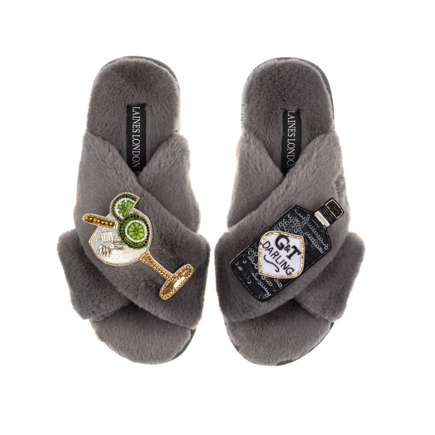 Laines London Women's Classic Laines Slippers With Botanical Gin & Glass Brooches - Grey In Grey