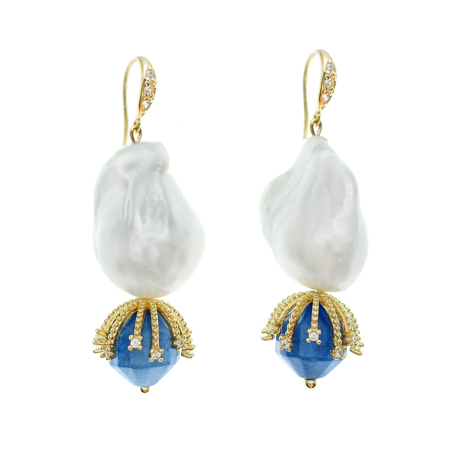 Farra Women's White Baroque Pearl With Lapis Dangle Earrings In White