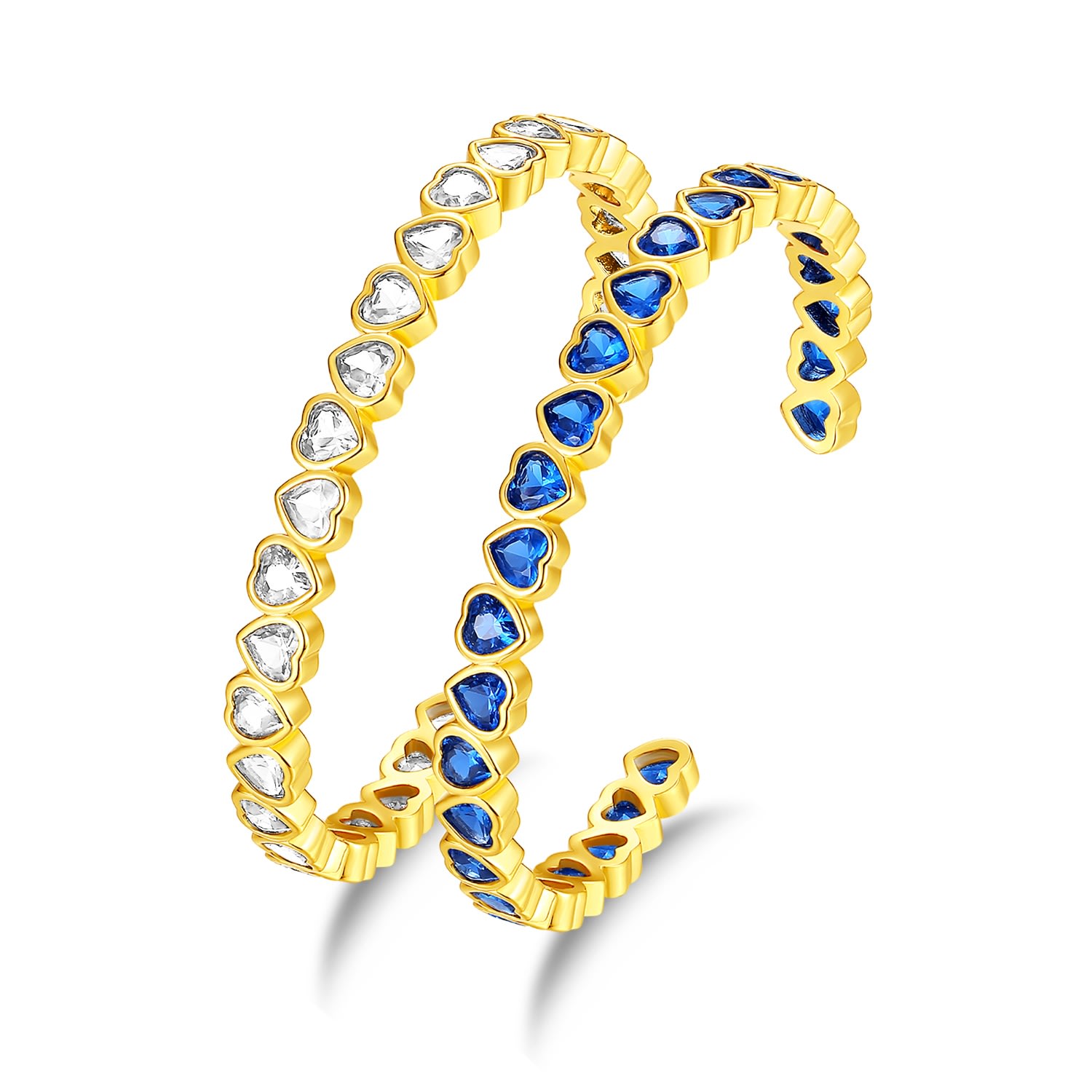 Shop Classicharms Women's Gold / Blue / White Gold Heart Shaped Zirconia Bangle Bracelet Set In Gold/blue/white