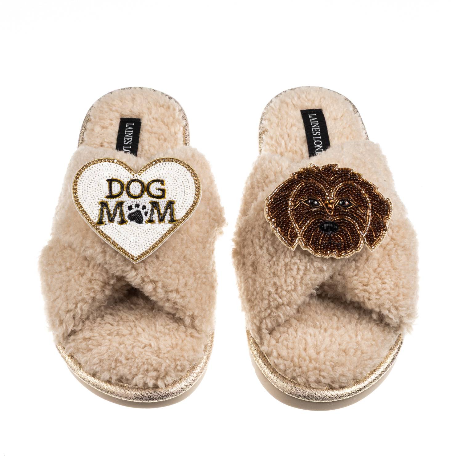 Laines London Women's Brown / Neutrals Boucle Slippers With Dog Mum/mom & Chocolate Cockapoo Brooches - Oatmeal In Nude