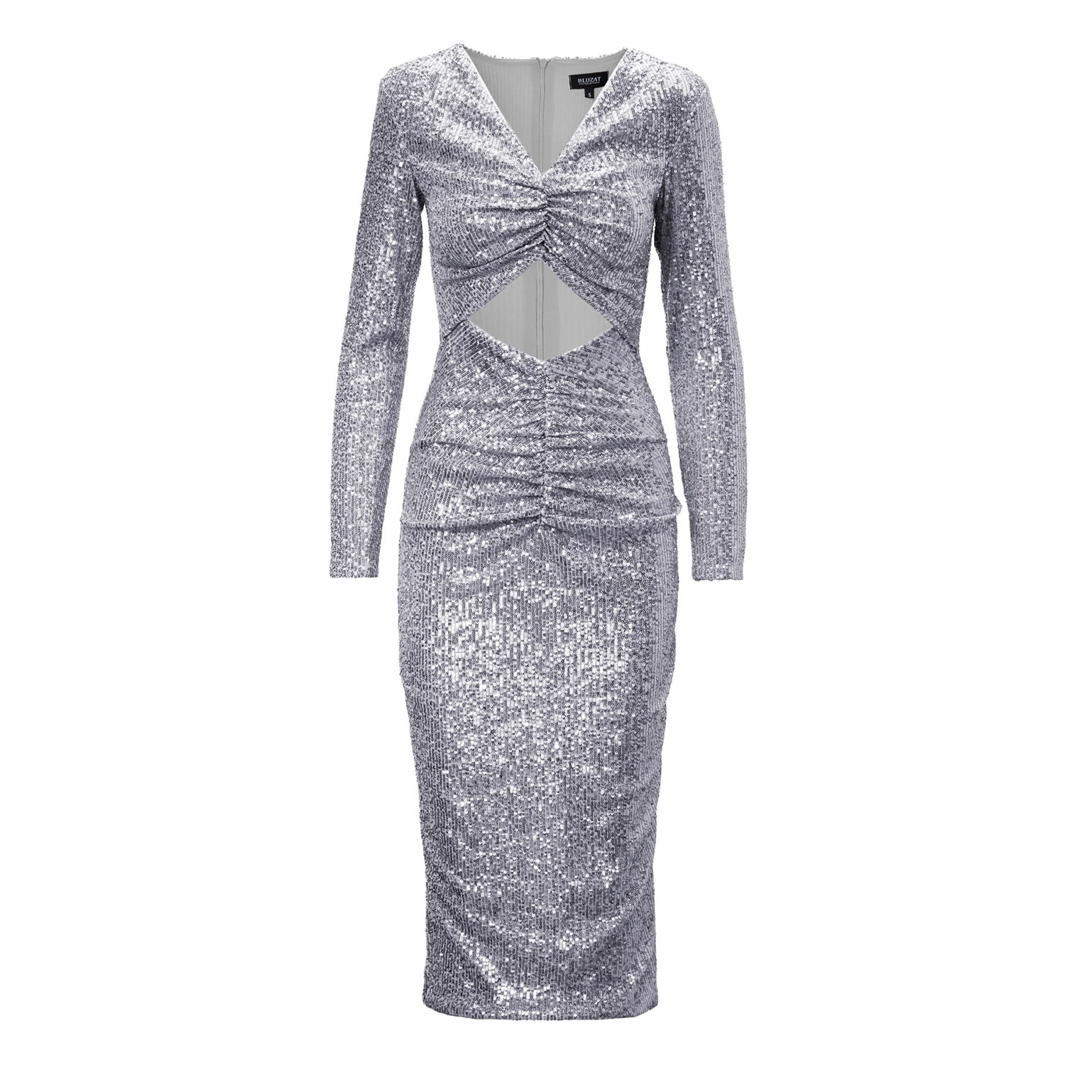 Bluzat Women's Silver Sequin Midi Dress With Cut-out And Gathered Detailing In Silver