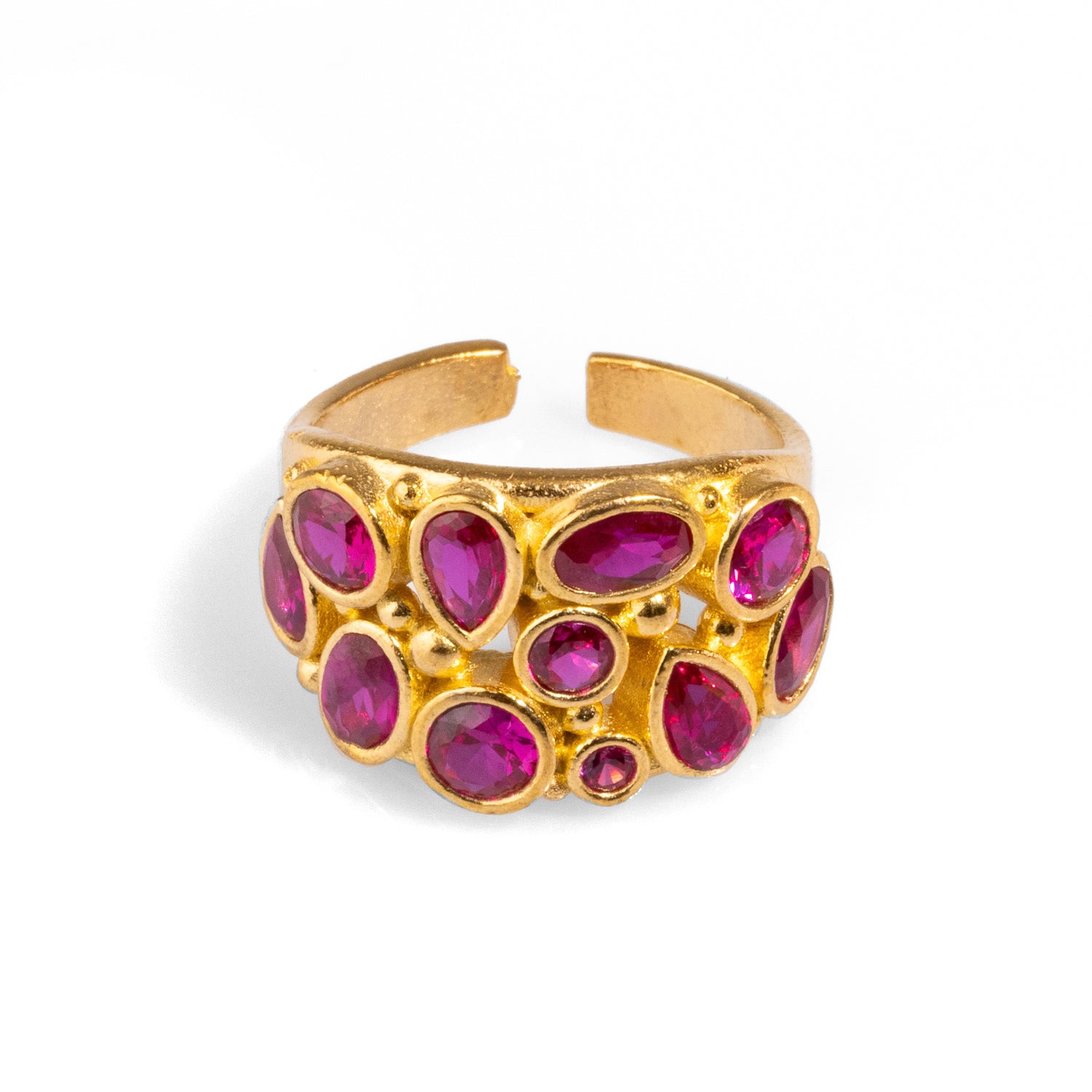 Ebru Jewelry Women's Gold / Pink / Purple Teardrop Ruby Stone & Gold Adjustable Statement Ring - Pink