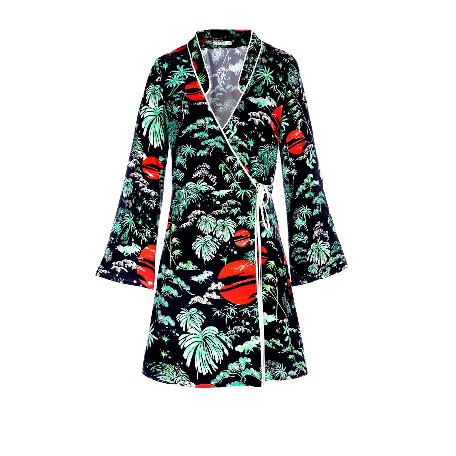 green oriental contrast kimono wrap dress