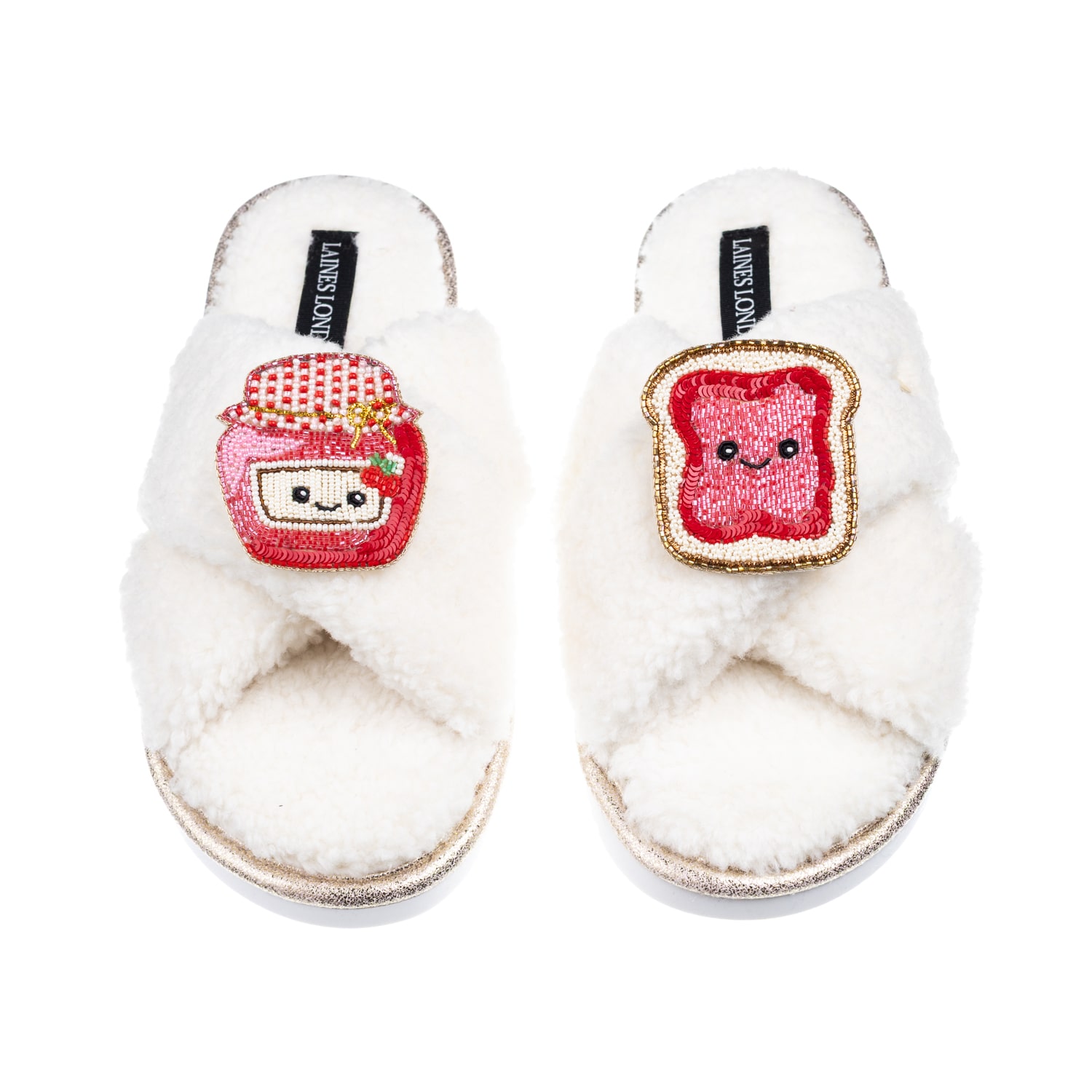 Laines London Women's Neutrals / White Laines Boucle Slippers With Laines Loveables Jam & Toast Brooches - Cream