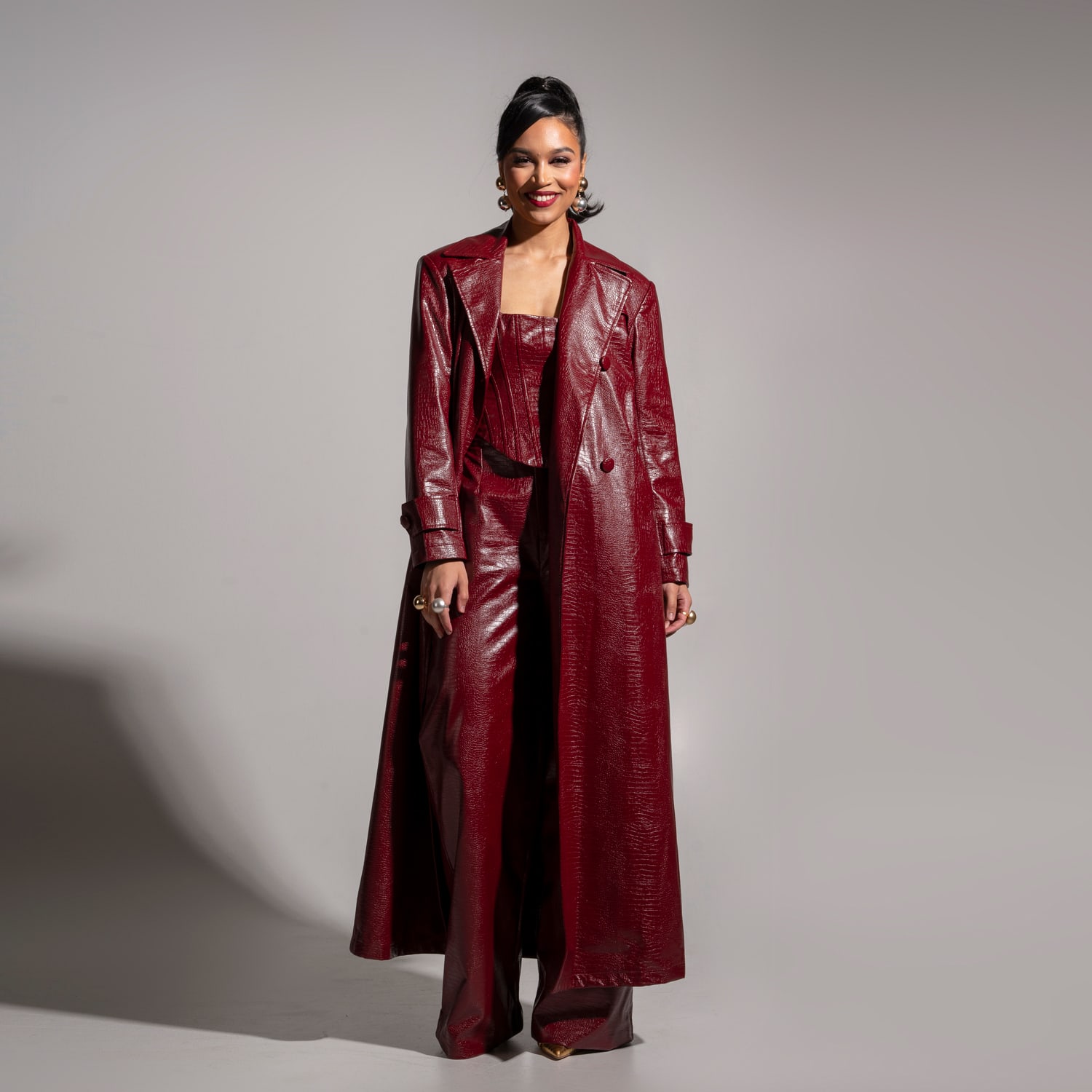 Ono Faux Leather Trench Jacket In Burgundy | OFUURE | Wolf Ono Faux Leather Trench Jacket In Burgundy | OFUURE | Wolf