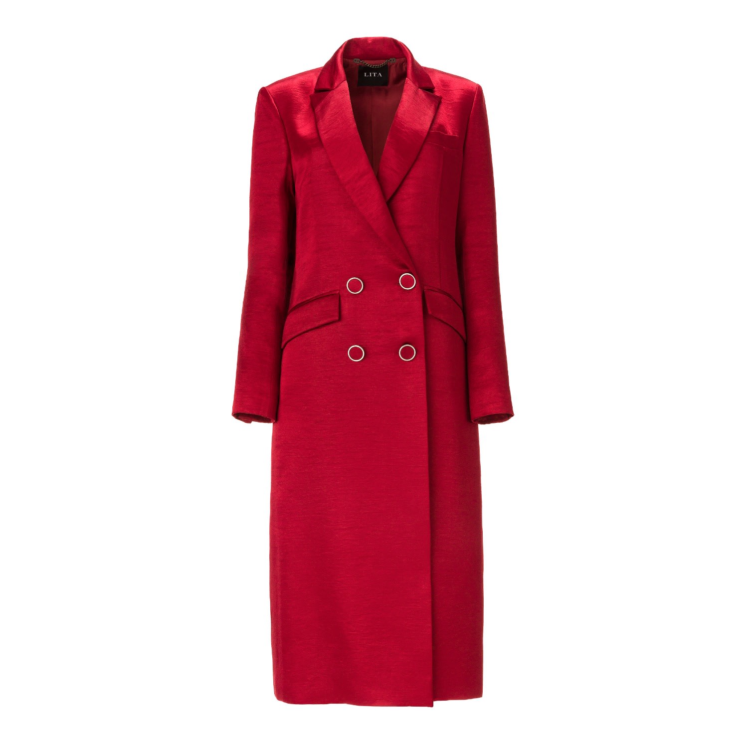 Lita Couture Women's Belted Midi Trench Coat In Red Satin Blend