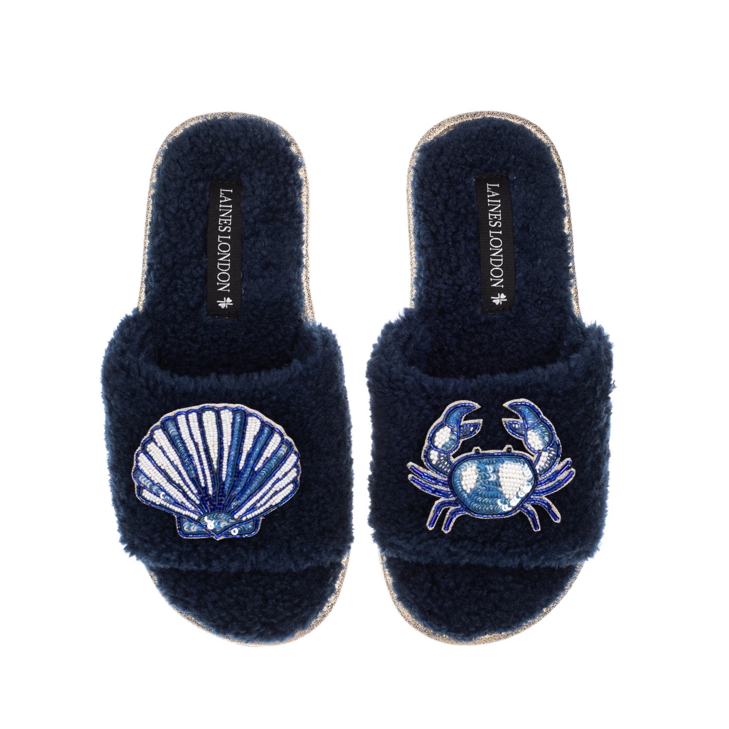 Laines London Women's Blue Teddy Toweling Slipper Slider With Mediterranean Shell & Crab Brooches - Navy In Blue
