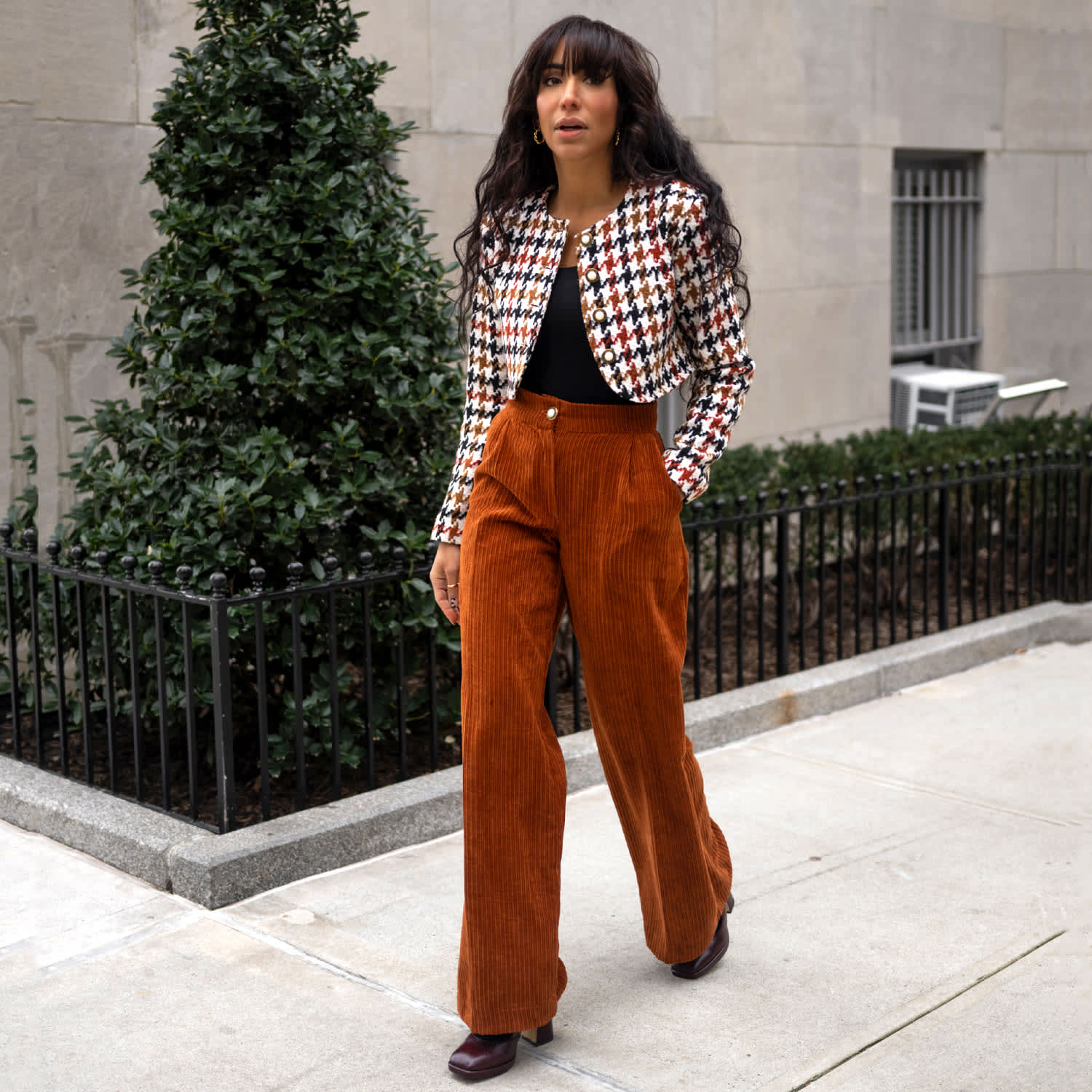 Women's Brown Wide Leg Pants Mid Rise Corduroy