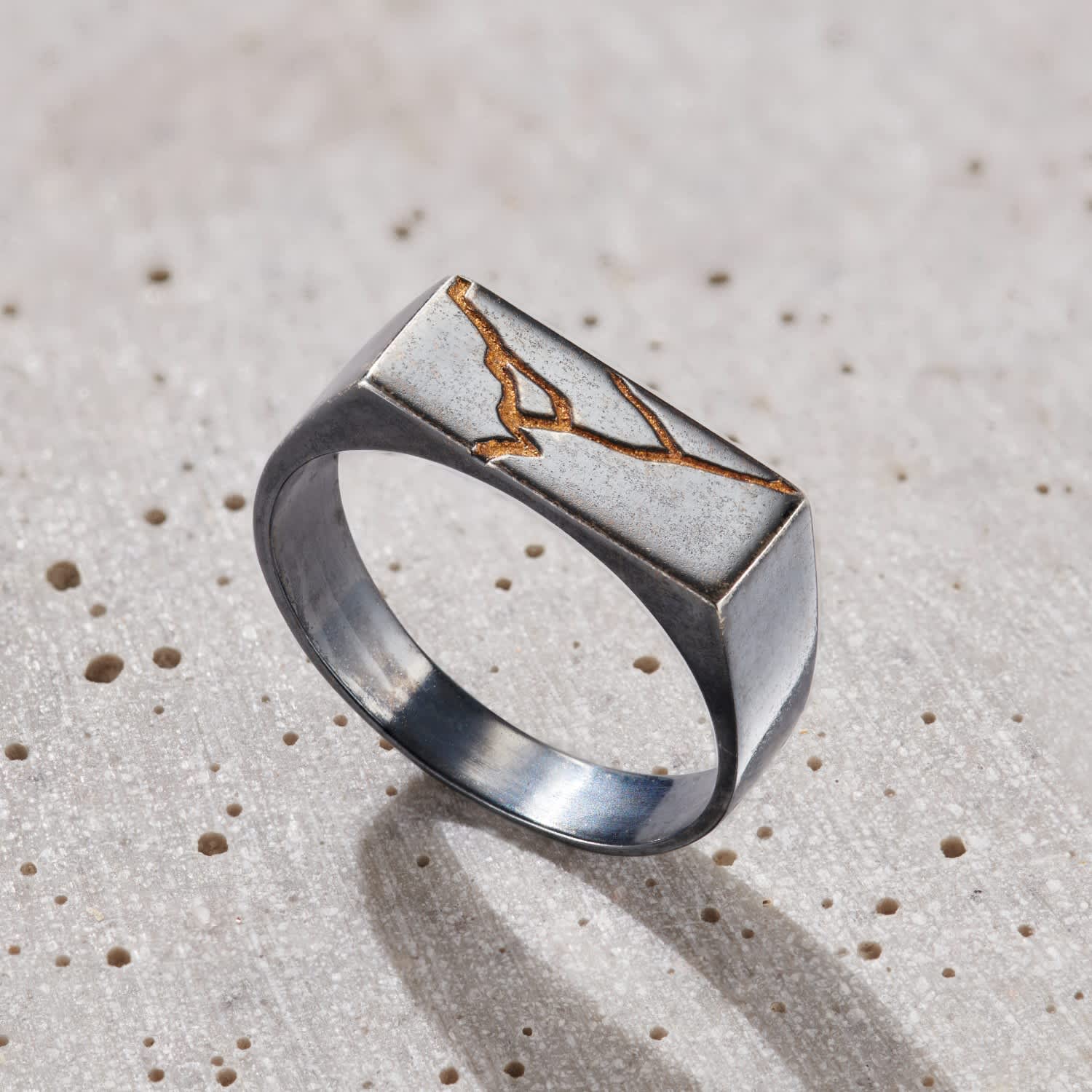 Oxidised Sterling Silver Rectangle Kintsugi Signet Ring | Posh