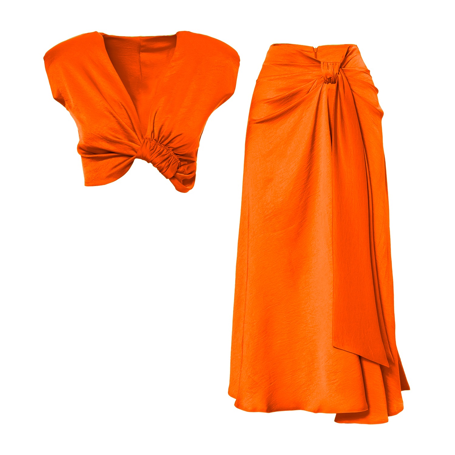 Orange Set With Knotted Top And Midi Skirt by BLUZAT