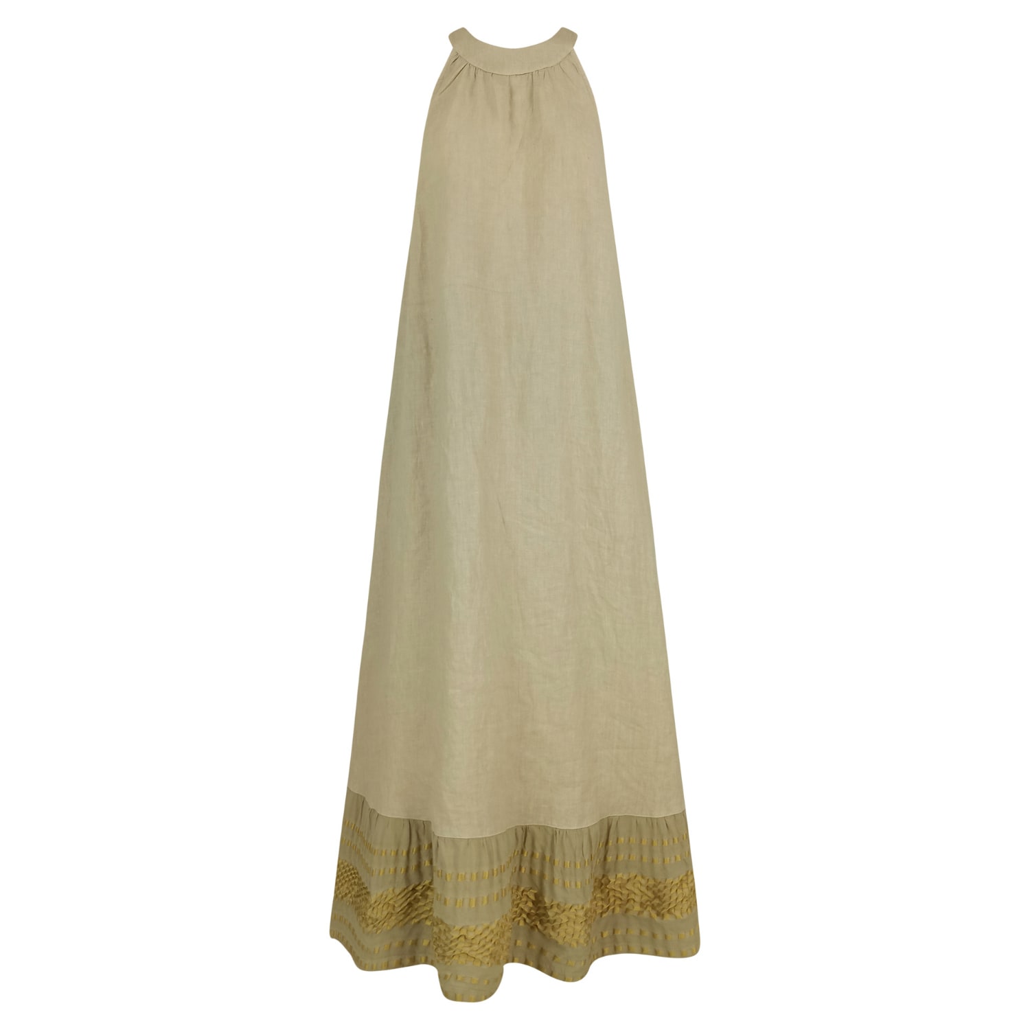 Haris Cotton Women's Neutrals Halter Neck Maxi Linen Dress With  Embroidered Cotton Panels - Beach Sand Gold In Yellow