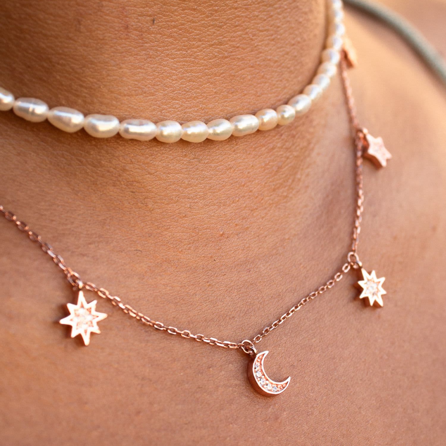 Layering Necklaces Stars and Moon in Rose Gold