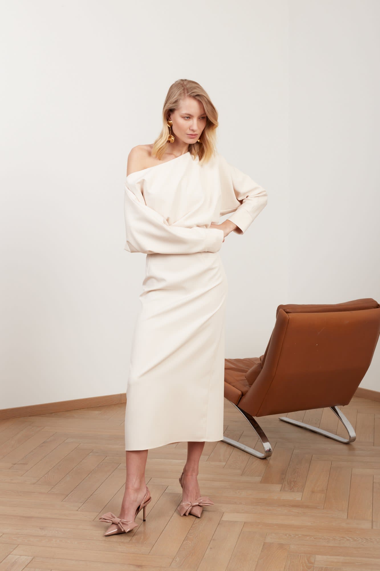 Agalia Cream Off-The-Shoulder Midi Dress | UNDRESS | Wolf & Badger