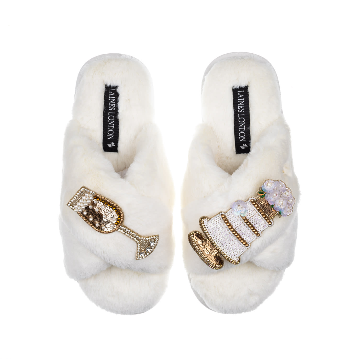 Laines London Women's White Classic Laines Slippers With Wedding Cake & Champers Brooches - Cream In White