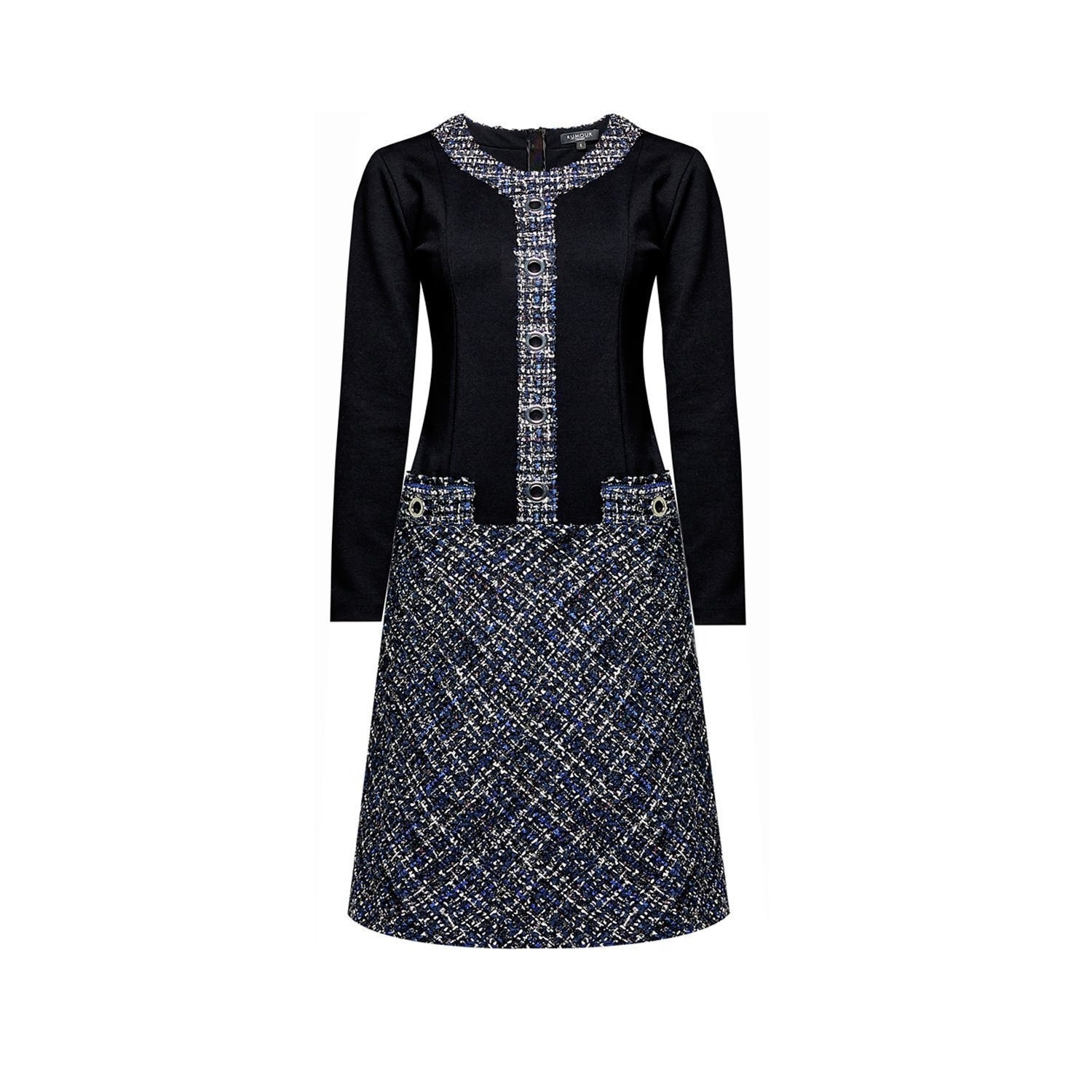 Women's Black / Blue Beatrice Jersey Dress With Blue Tweed Skirt