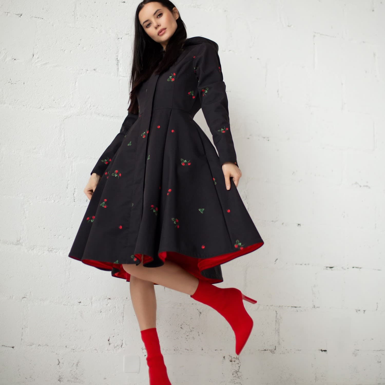 Black Waterproof Coat With Strawberry Print: Wild Strawberry
