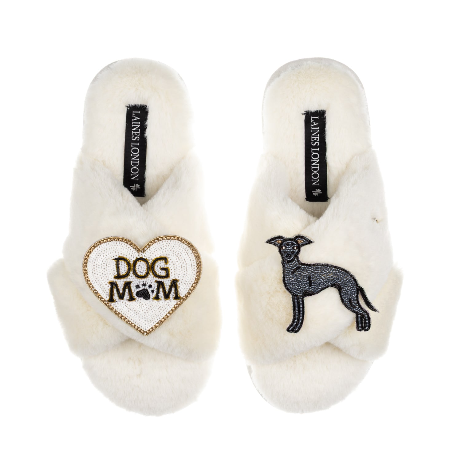 Laines London Women's Neutrals / White Classic Laines Slippers With Dog Mum/mom & Blue Italian Greyhound Brooches  In Multi