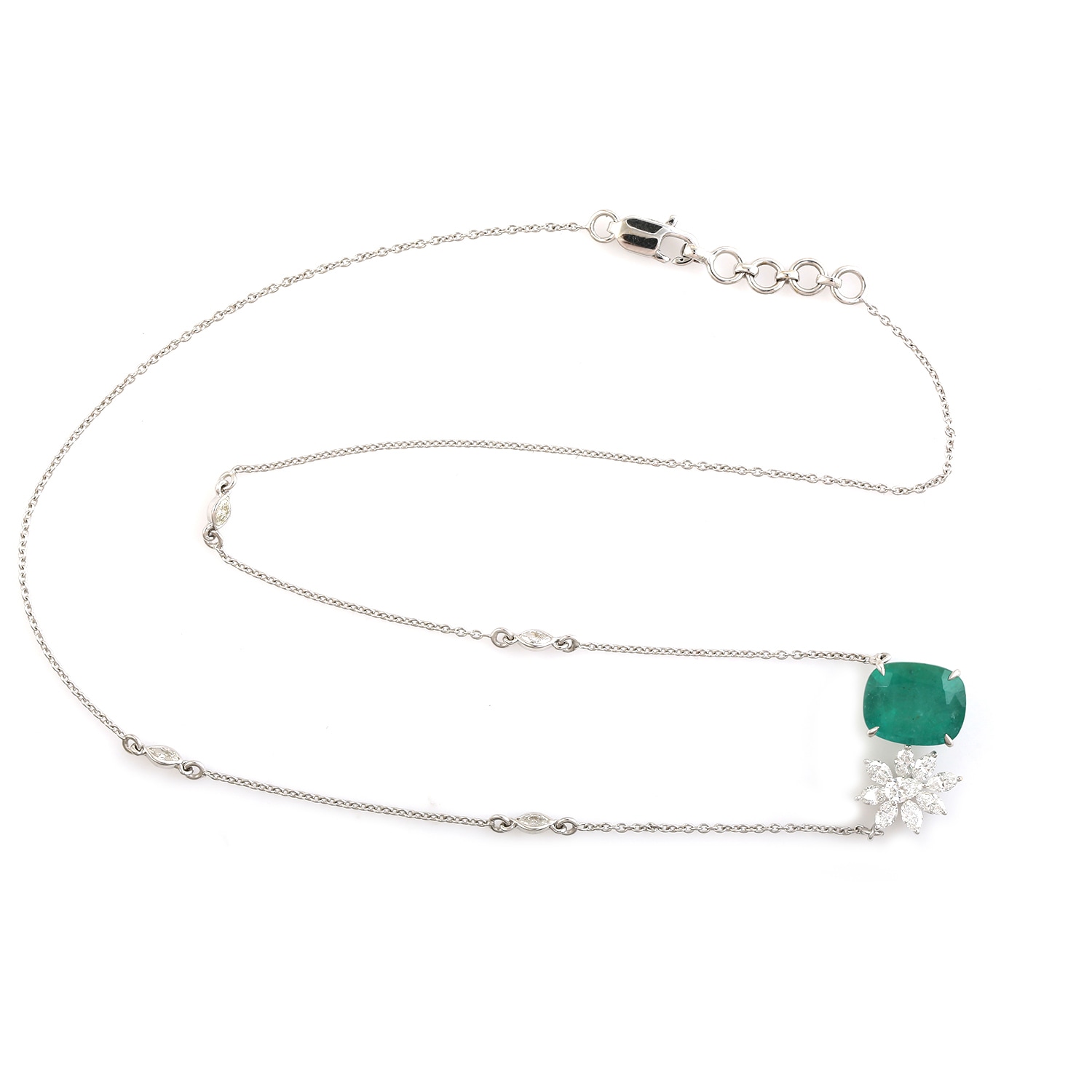 Artisan Women's White / Green Emerald Gemstone & Rose Cut Diamond In 18k White Gold Designer Choker Necklace In Gray