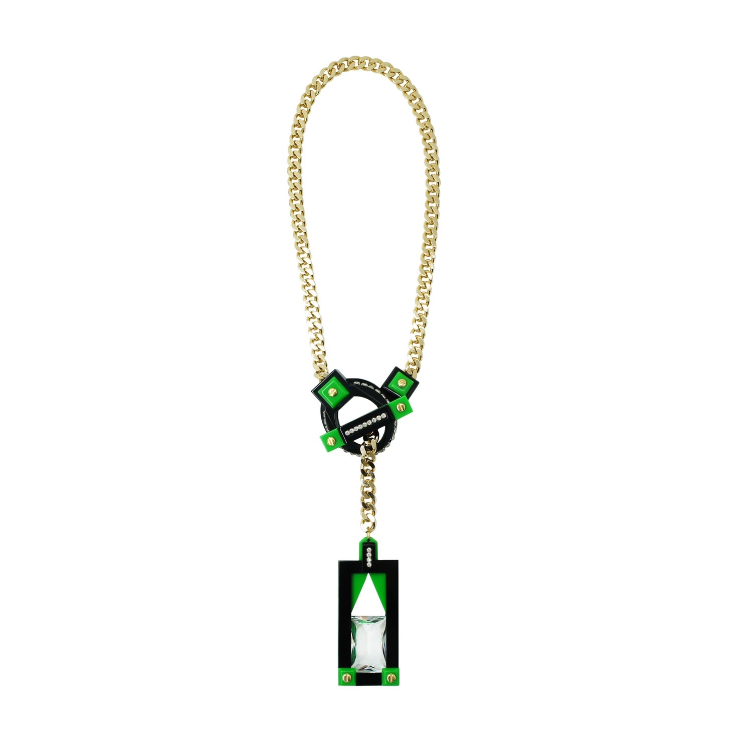 Gissa Bicalho Women's Handmade Acrylic Necklace Deco T Closure Rectangular Cut Stone Green